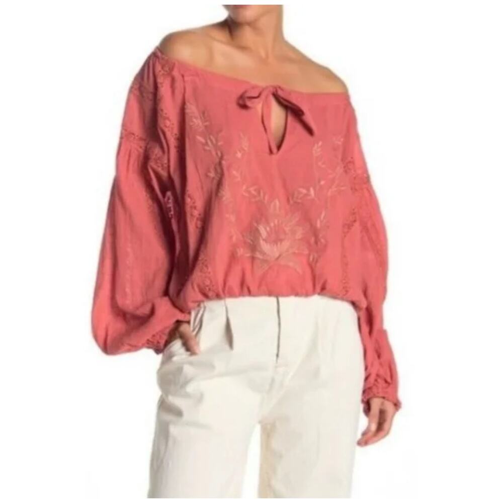 Free People Maria Maria Embroidered‎ Boho Peasant Blouse Women's S Pink